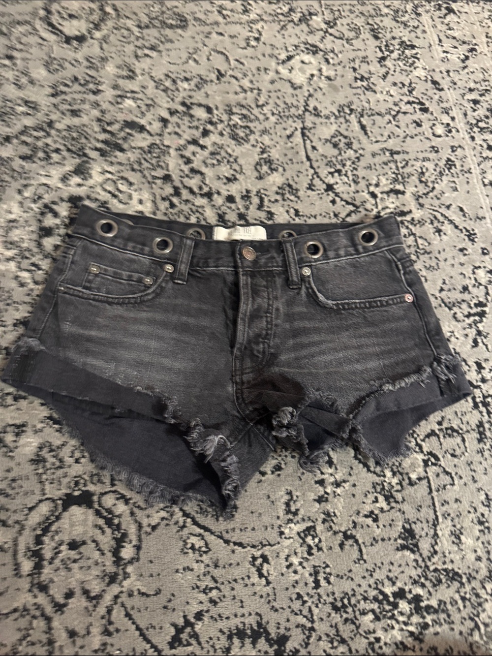 Free People Black Distressed Denim Shorts with Grommet Waist